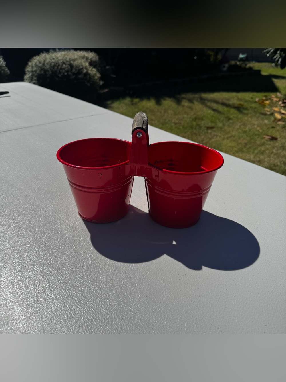 Red Double Metal Caddy with Wood Handle